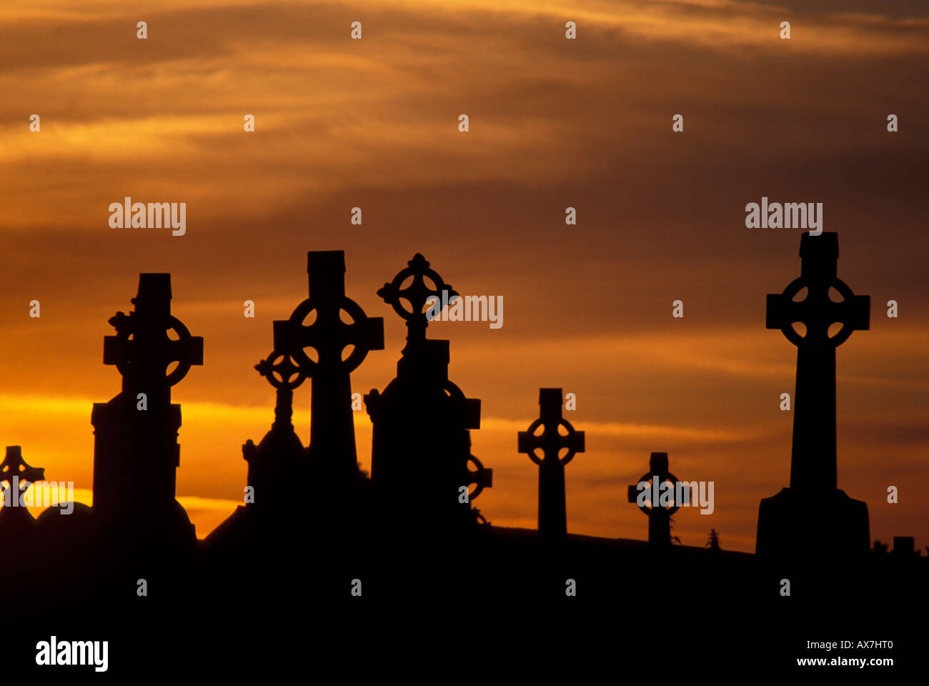 Keltische Kreuze vor Abendhimmel, Ruine Kloster Clonmacnoise, County Offaly, Irland, Europa Stockfoto
