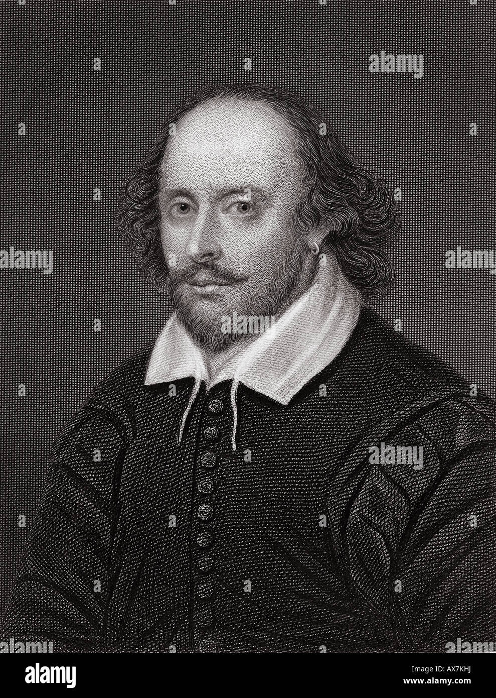 WILLIAM SHAKESPEARE in einem Kupferstich aus dem 18. Jahrhundert nach der Martin Droeshout Gravur verwendet im ersten Folio von 1623 Stockfoto