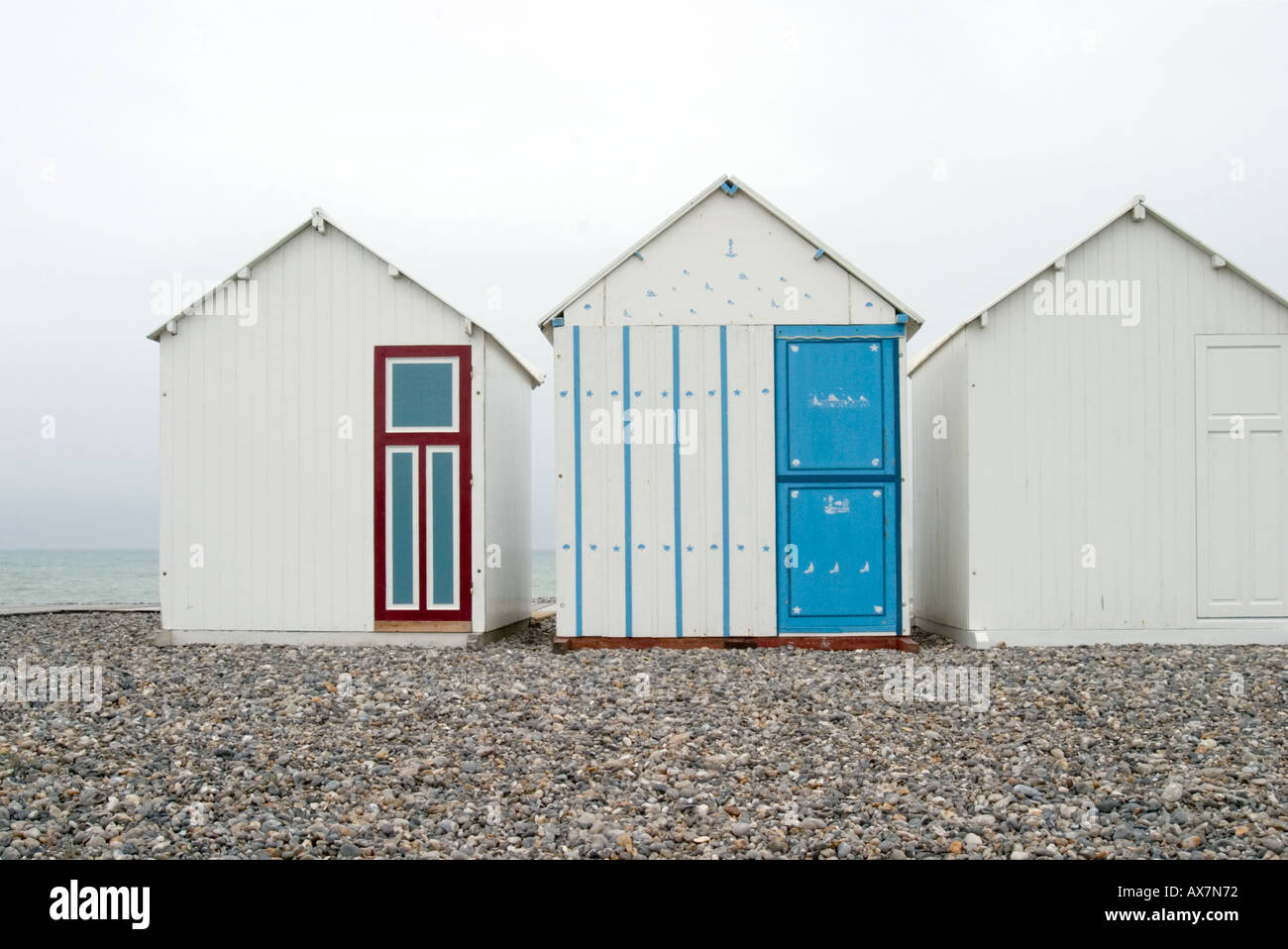 Strandhütten auf der Vorderseite im Cayeux Sur Mer Somme Frankreich Stockfoto