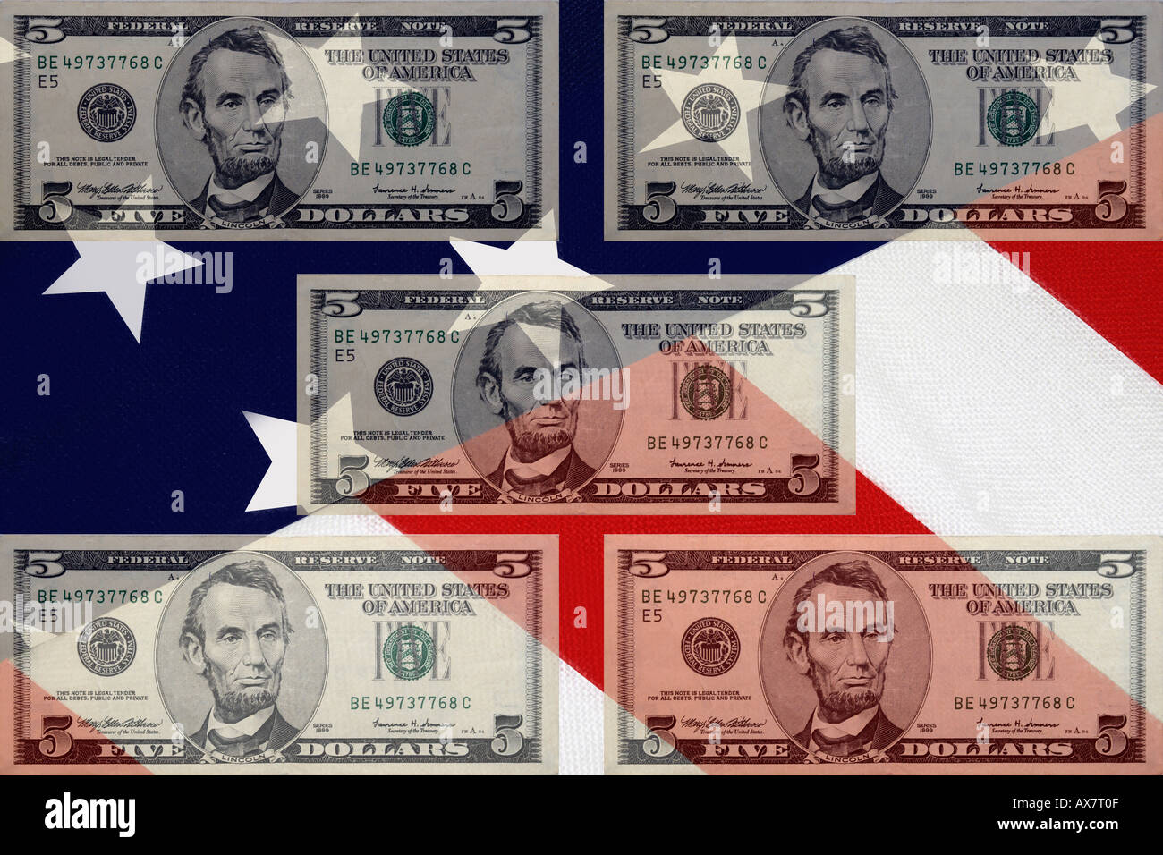 Amerikanischen 5-Dollar-Scheine set US-Flagge im Hintergrund. Stockfoto