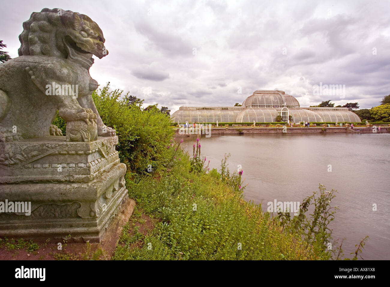 Kew Gardens Ansicht des gemäßigten Hauses mit Chines Löwenstatue im Vordergrund Stockfoto