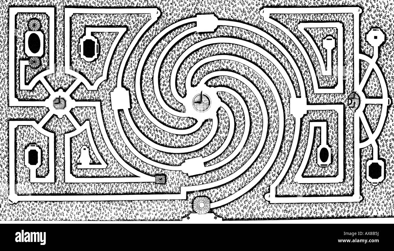 LABYRINTH-Design aus Theorie und Praxis der Gartenarbeit, von John James veröffentlicht in London im Jahre 1712 nach einem französischen original Stockfoto