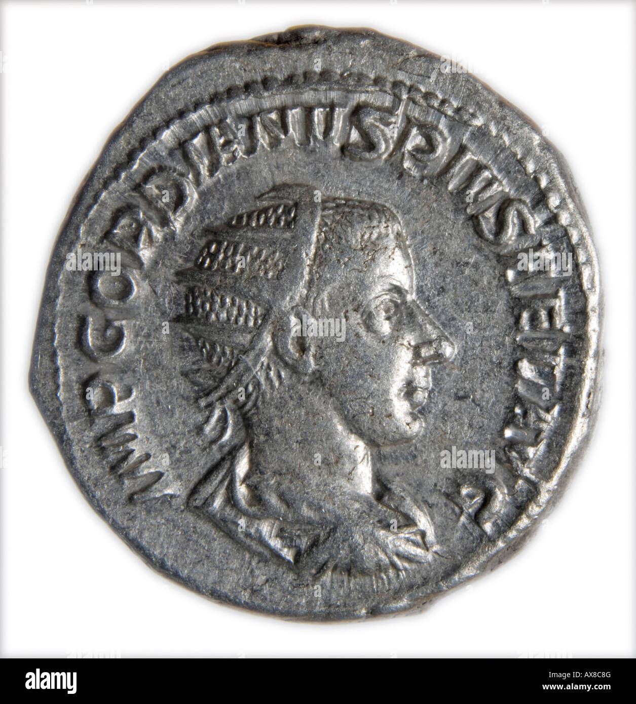 Römische Silbermünze. Antonianus von Gordian III - (Reverse: Aequitas hält Waage und Füllhorn) Stockfoto