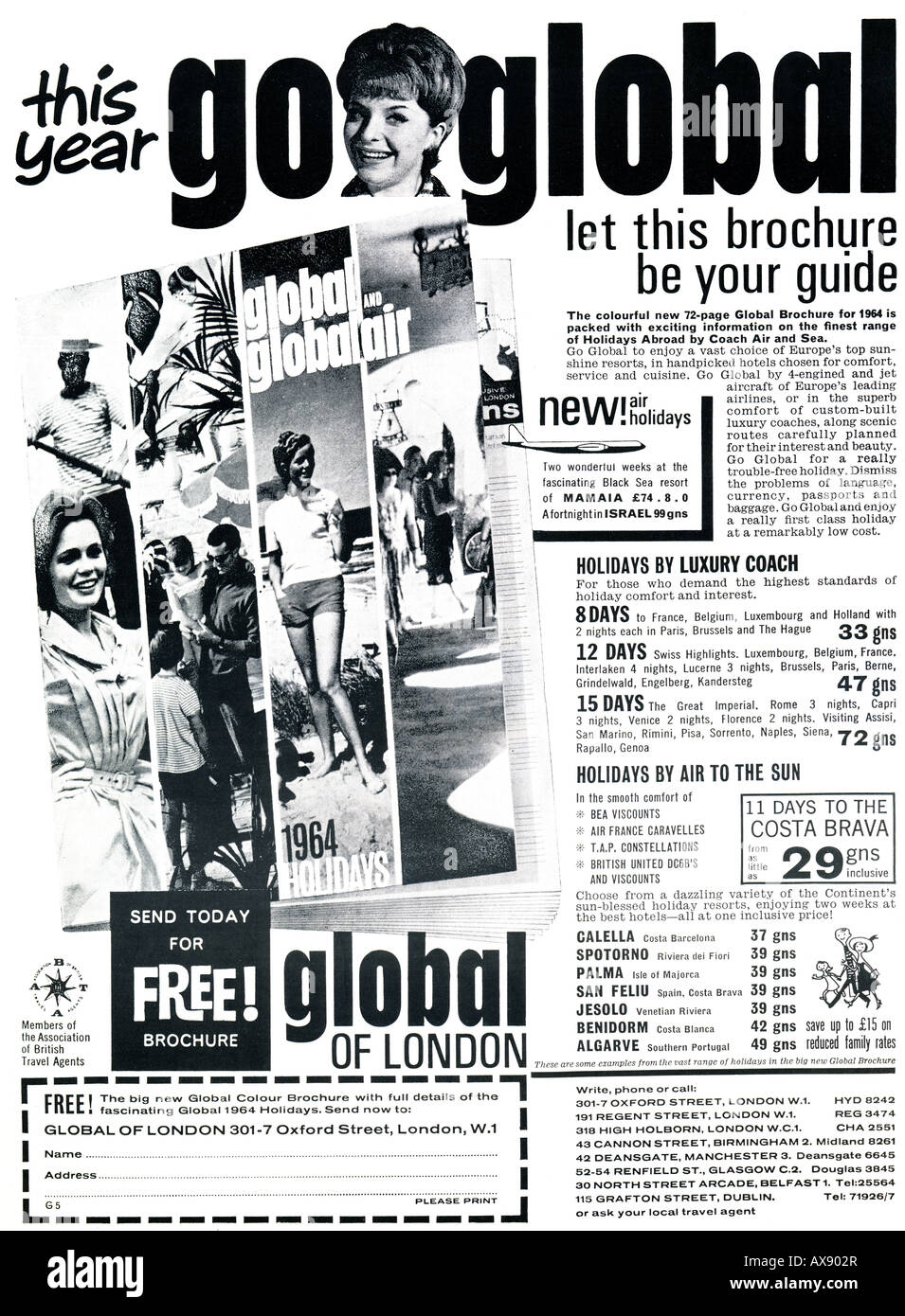 1964 GO Magazin Werbung für einen weltweiten Urlaub in für nur zur redaktionellen Nutzung Stockfoto