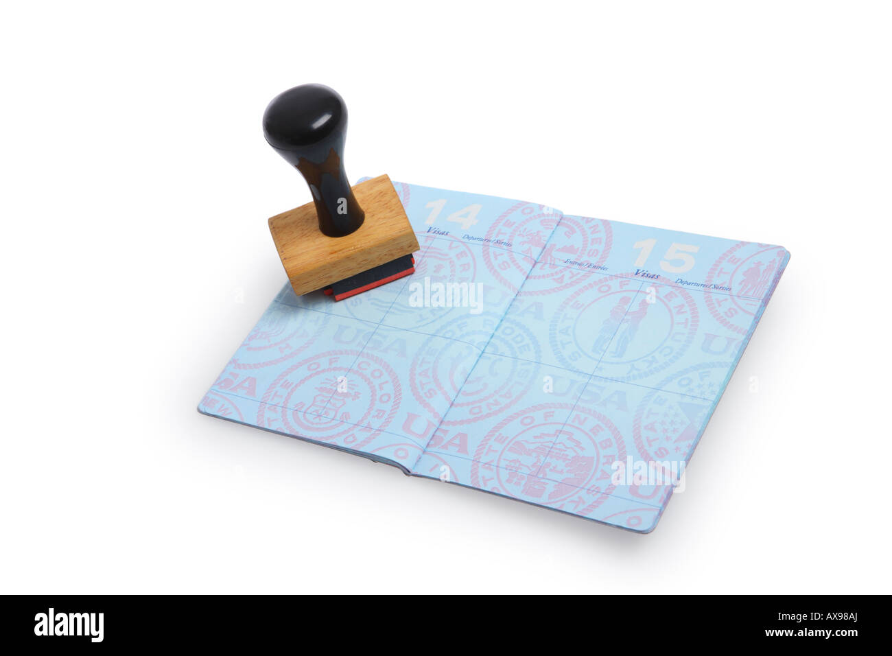 Leere US-Pass mit Stempel ausgeschnitten auf weißem Hintergrund Stockfoto