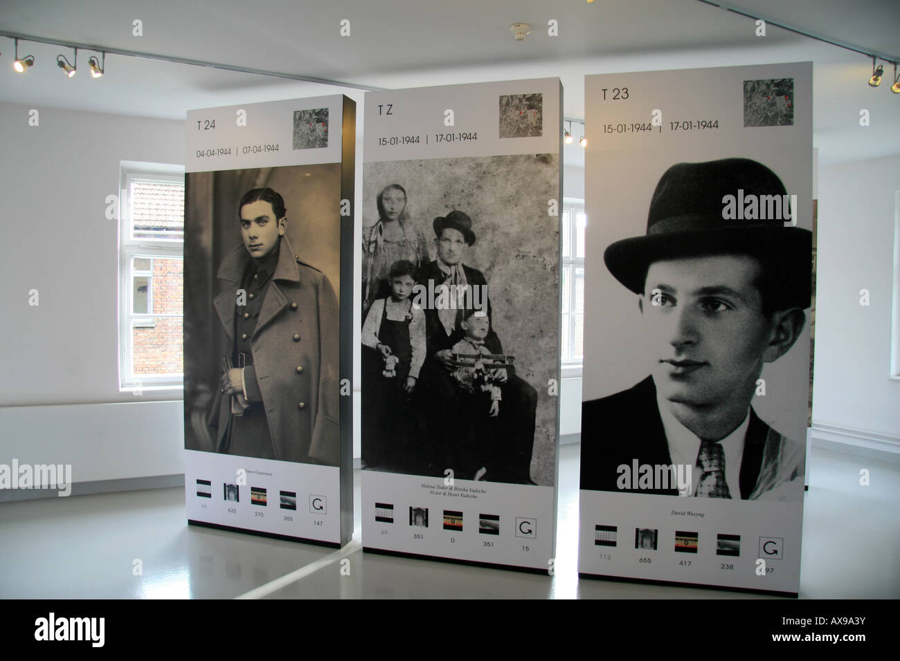Große Anzeige von Bildern der Opfer des Holocaust in der belgischen Ausstellung Museum Auschwitz-Birkenau, Oswiecim, Polen. Stockfoto