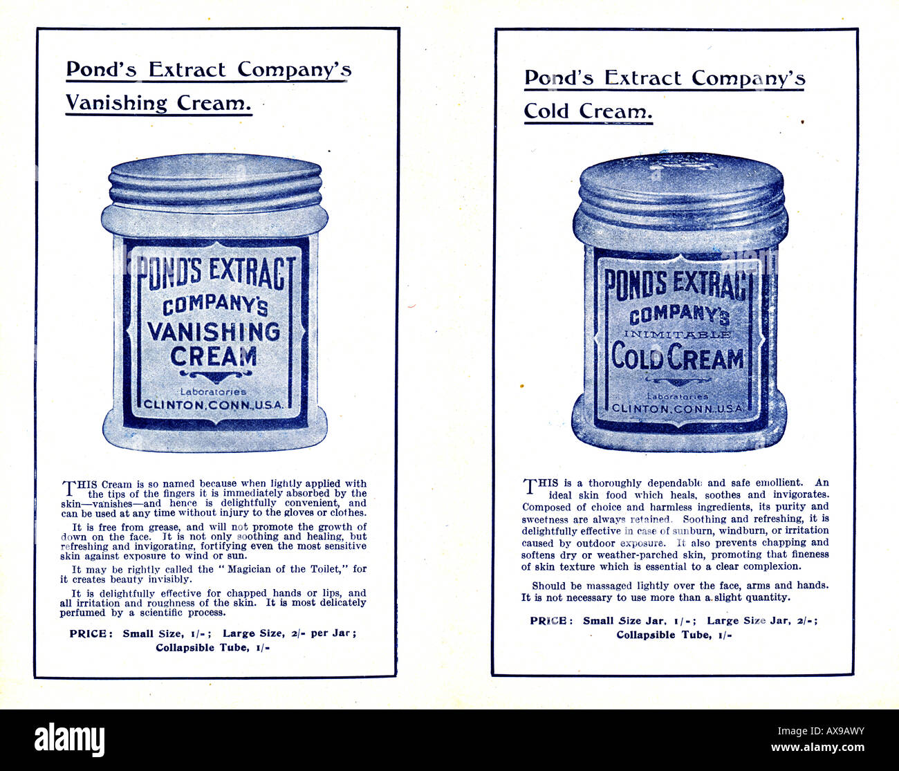 Alte Vintage Merkblatt für Pond's Vanishing Cream und Teiche Cold Cream für nur zur redaktionellen Nutzung Stockfoto