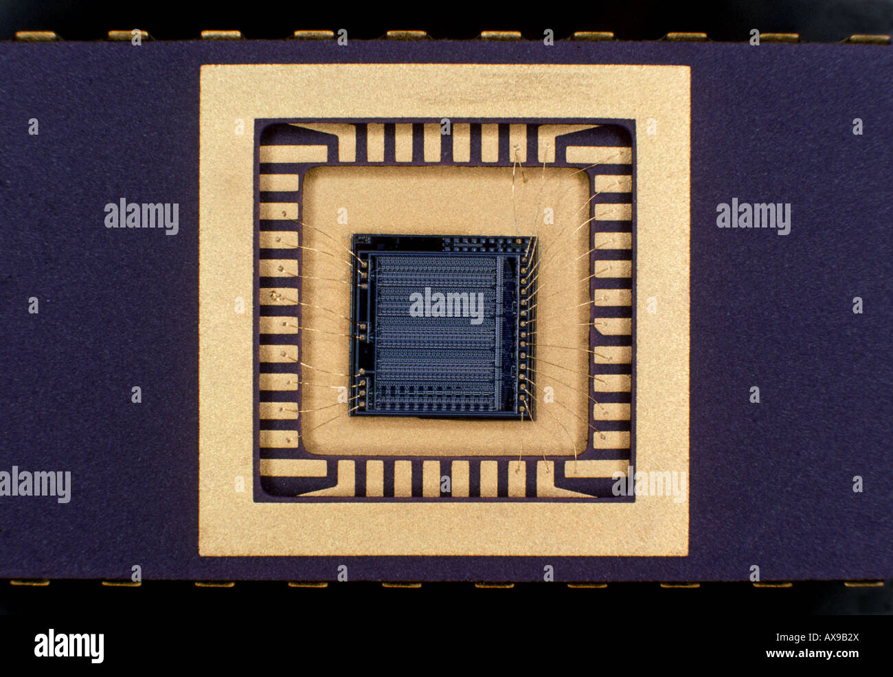 Nahaufnahme von Microchip zeigt Kabelverbinder Stockfoto
