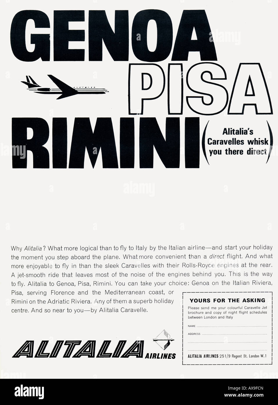 1964 GO Magazin Werbung für Alitalia Airlines von Caravelle in für nur zur redaktionellen Nutzung Stockfoto