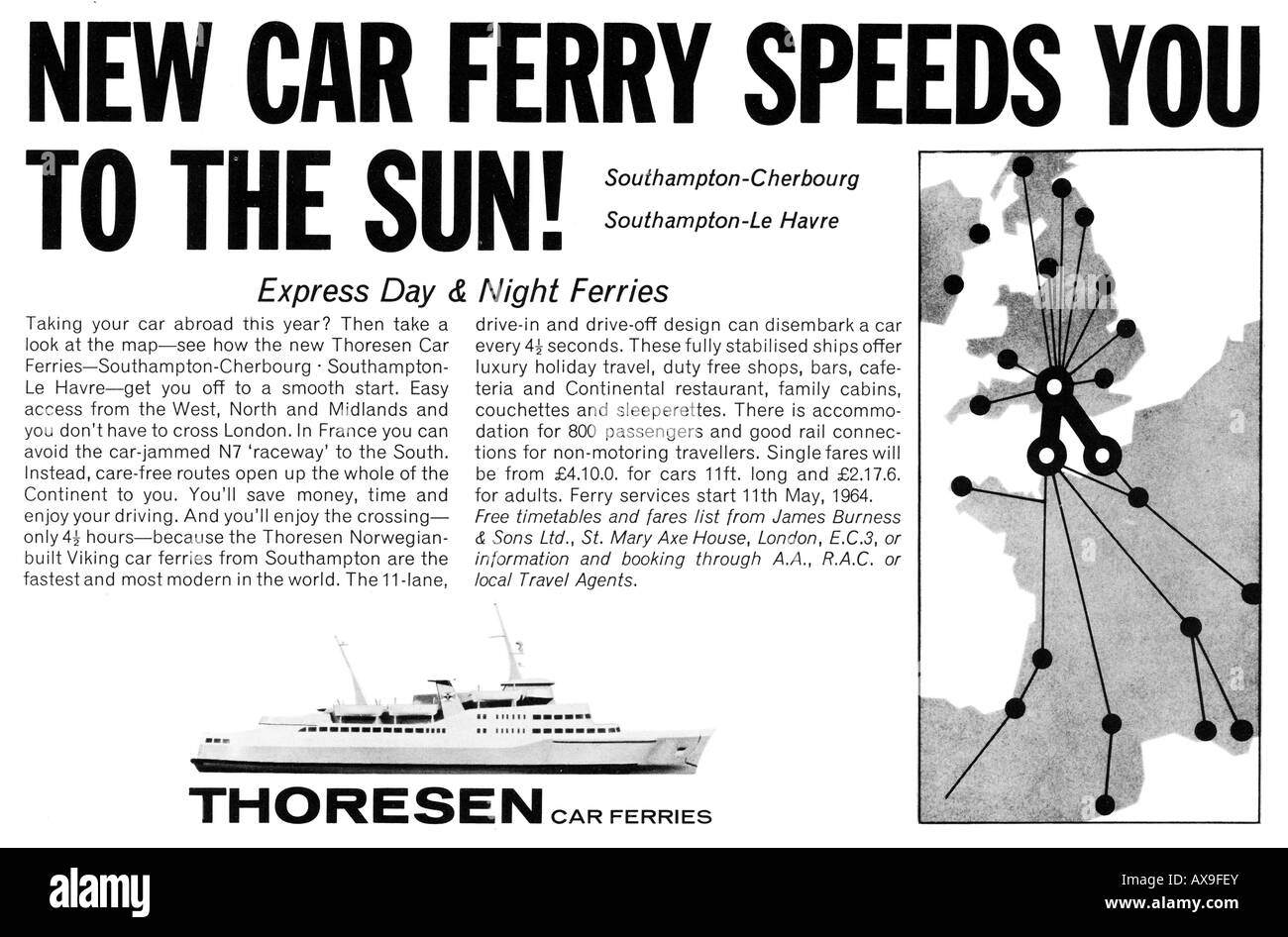 1964 GO Magazin Werbung für Thoresen Cross Channel Fähren in für nur zur redaktionellen Nutzung Stockfoto