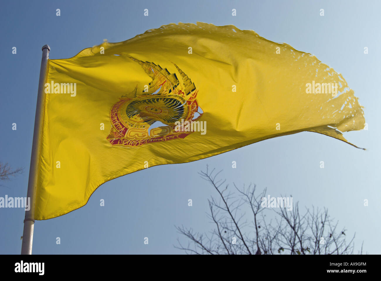 auf dem Gelände des Tempels, die gelbe Flagge des thailändischen  Buddhismus, Dharma-Rad-Flagge, Wellen in einer Brise Stockfotografie - Alamy