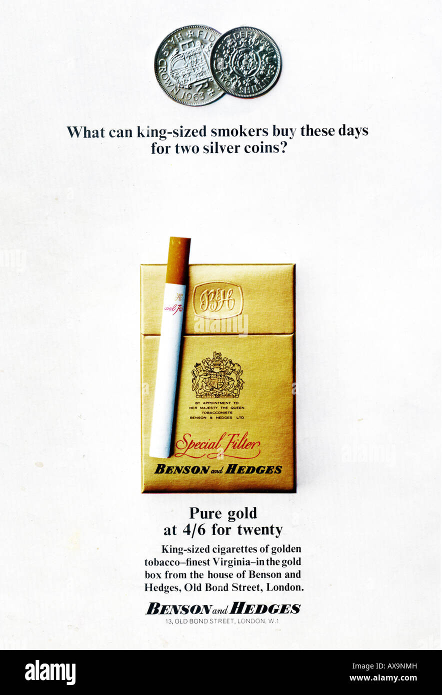 1964-Werbung für Benson und Hedges König Größe Zigaretten nur zu redaktionellen Zwecken Stockfoto