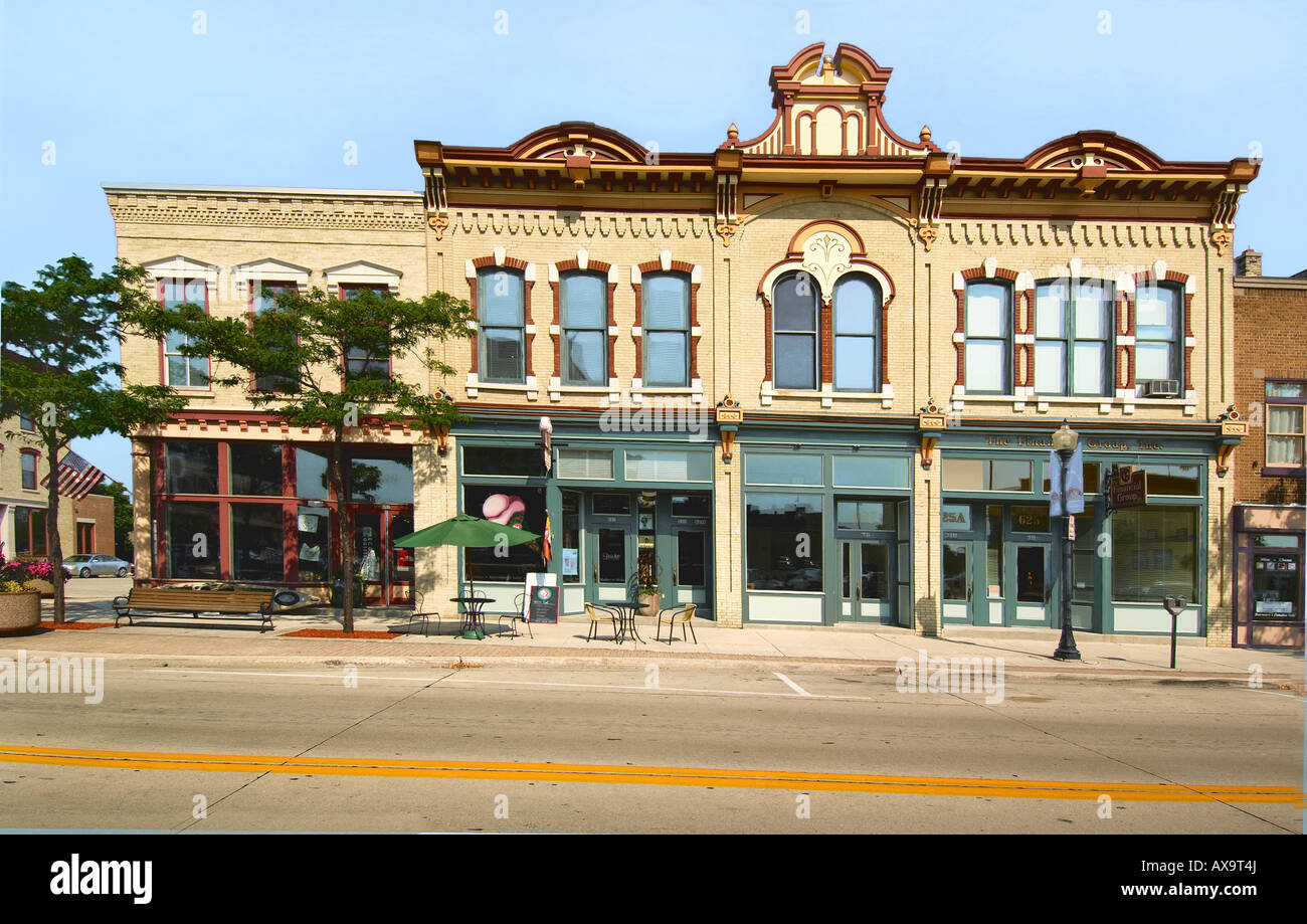 Geschäfte in historischen Gebäuden in der Innenstadt von Sheboygan, Wisconsin Stockfoto