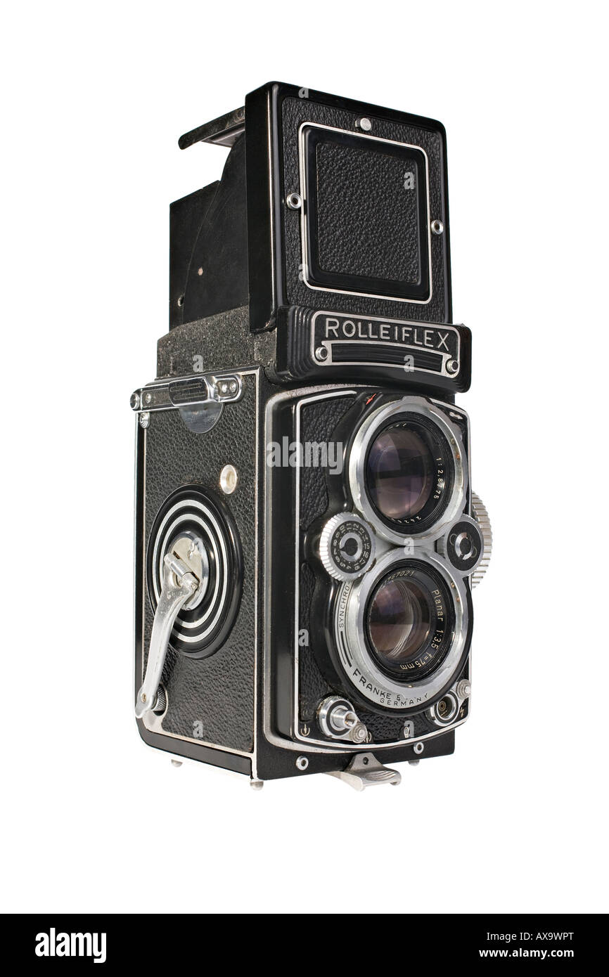 Eine Rolleiflex 3.5E Planar TLR Kamera mit Anzeigen Haube geöffnet und Lupe angehoben Stockfoto