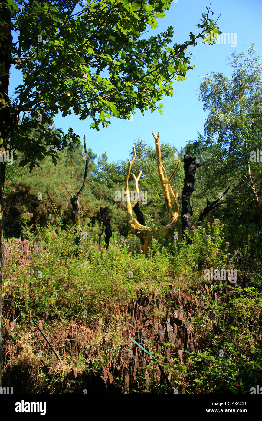 Golden Tree (Arbre d'Or von Francois Davin) in Val Sans Retour in Foret de Paimpont, Ille-et-Vilaine, Bretagne, Frankreich Stockfoto