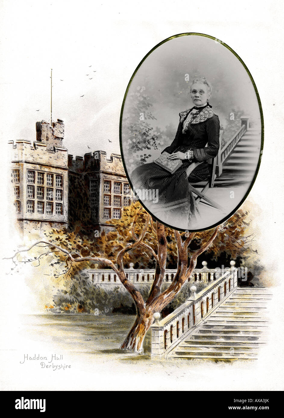Viktorianische 1880s 1890s dekoriert Foto Album mit Herrenhäuser mit Haddon Hall Derbyshire Stockfoto