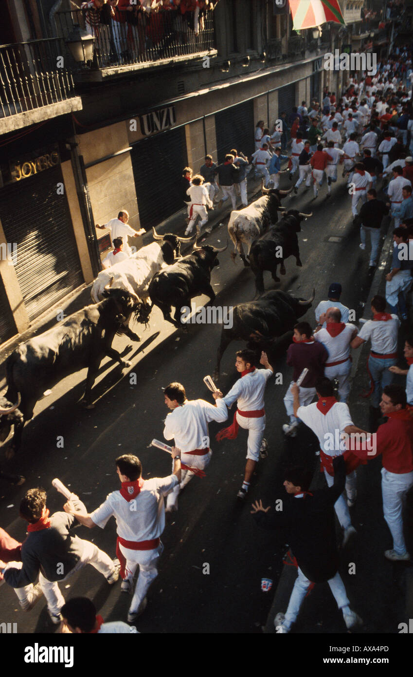 Encierro, der Stierrennen, Mercaderes Stretch, Fiesta de San Fermin Festival von San Fermín Pamplona, Provinz von Nava Stockfoto