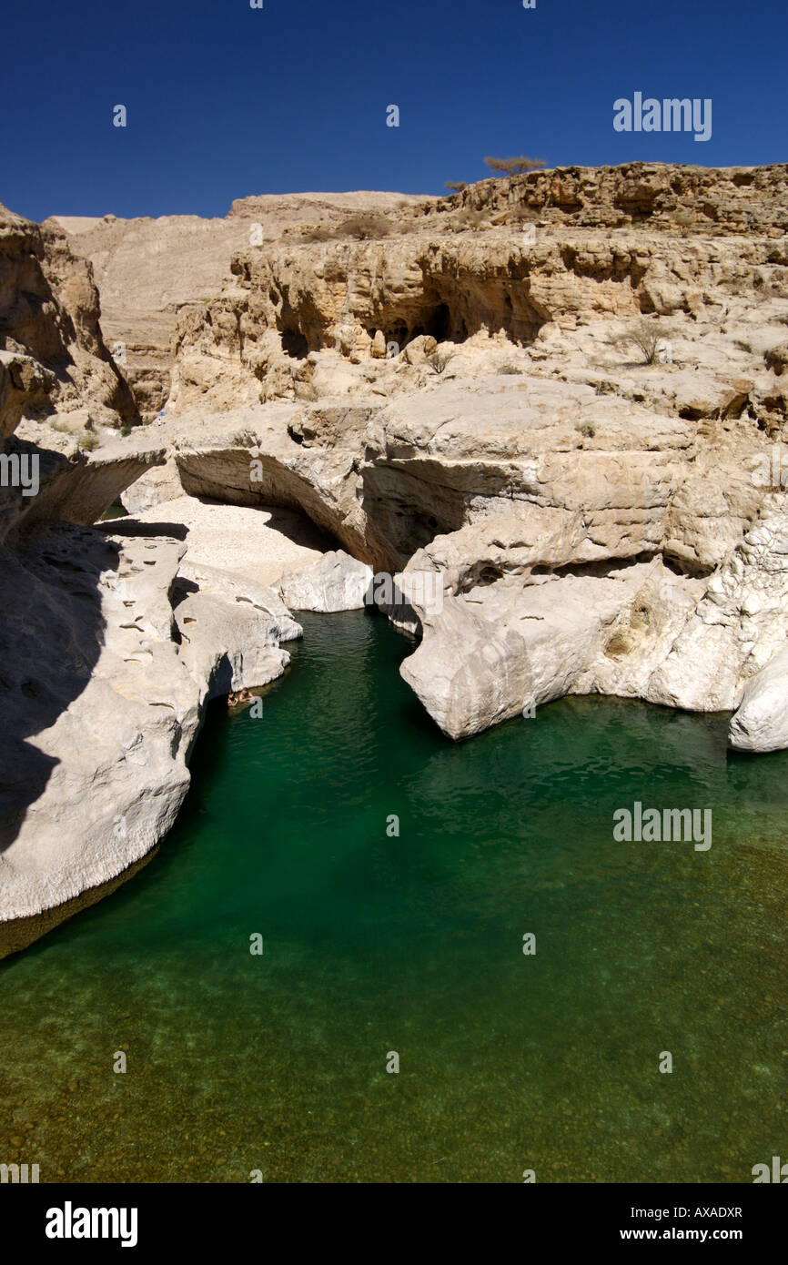 Die türkisfarbene Pools von Wadi Bani Khalid in der östlichen Hajar-Gebirge (Al Hajar-Ash-Sharqi) in das Sultanat Oman. Stockfoto