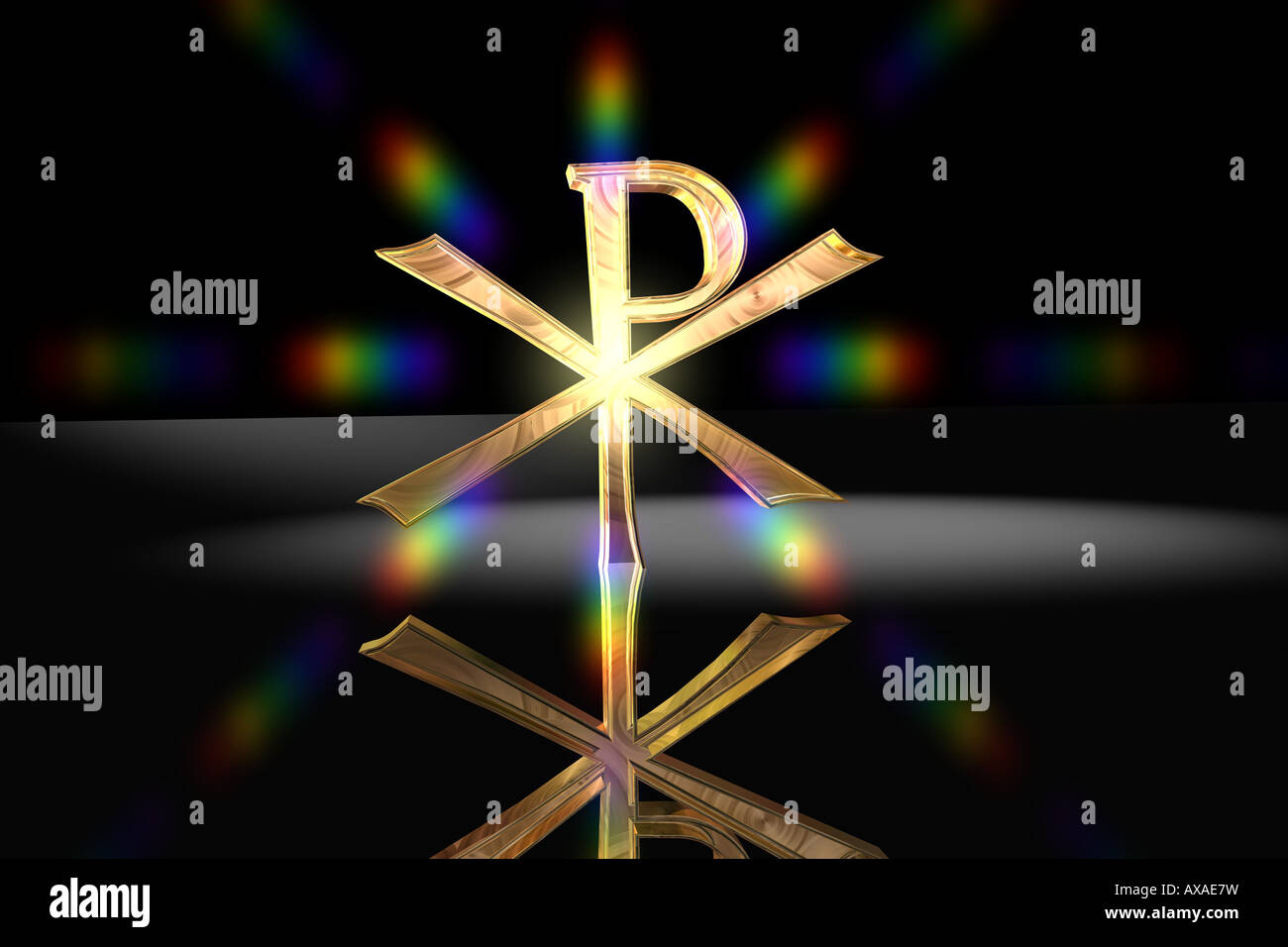 Goldene Rendering einer christlichen Pax Christi Sign mit einer Regenbogen-Lens Flare. Schwarzer Hintergrund. Stockfoto