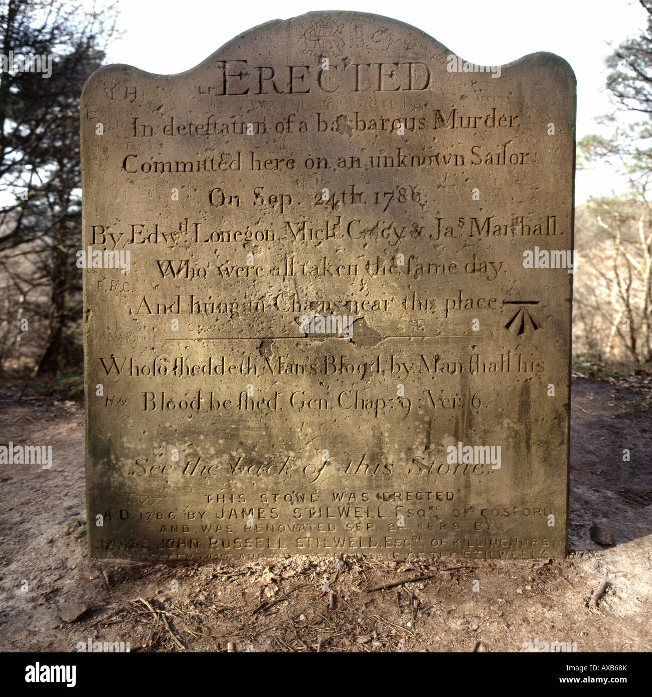 Der Segler-Stein in der Nähe von Gibbet Hill Kennzeichnung den Ort eines Mordes im Jahr 1786. Hindhead gemeinsamen, Surrey, England, UK. Stockfoto
