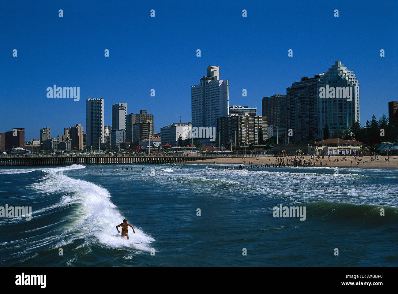 Surfer in der Brandung vor der Skyline von Durban, Golden Mile, Durban, Südafrika, Afrika Stockfoto