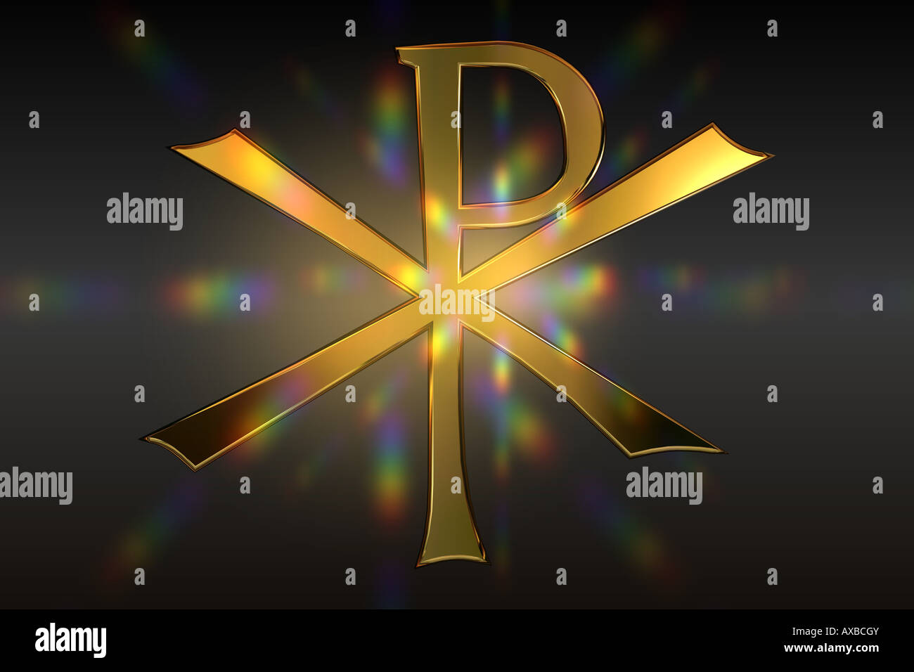 Goldene Rendering einer christlichen Pax Christi Sign mit einer Regenbogen-Lens Flare. Schwarzer Hintergrund. Stockfoto