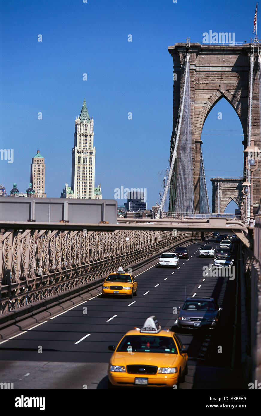 Brooklyn Bridge, die Innenstadt von Manhattan New York, USA Stockfoto