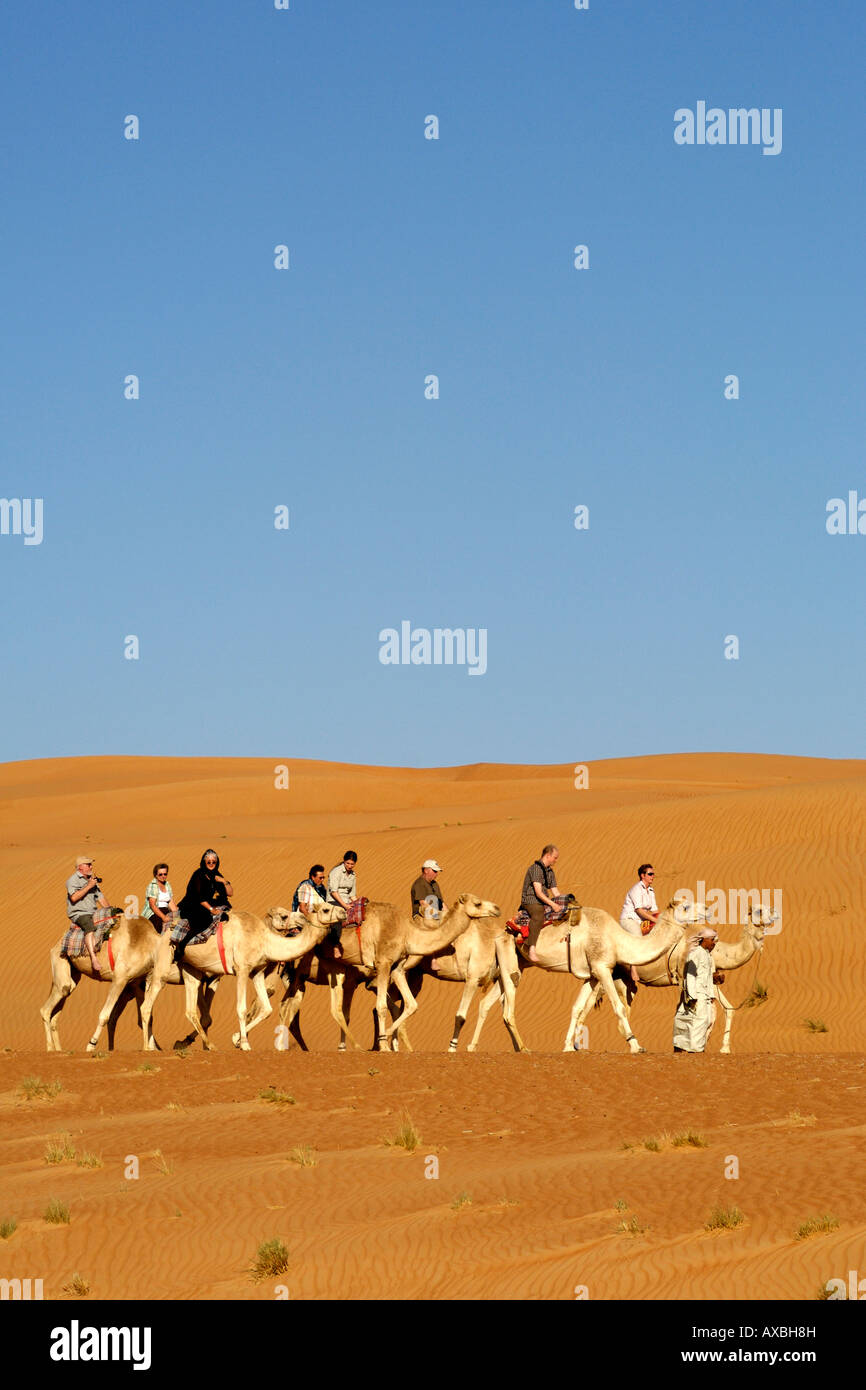 Touristen, Kamelreiten in Wahiba Sands (Ramlat al Wahaybah) in Oman. Stockfoto