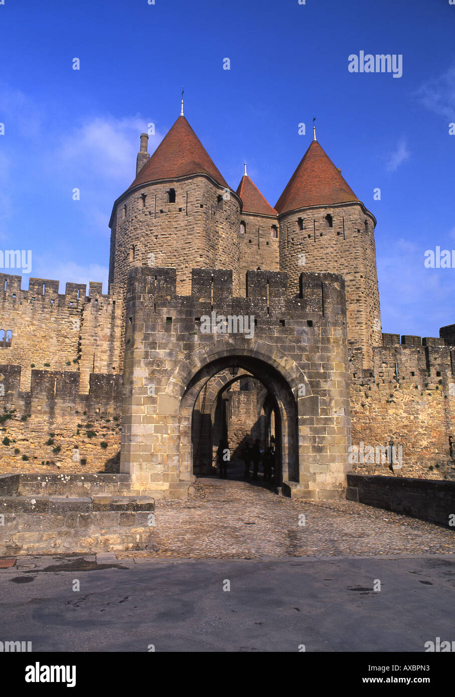 Porte Narbonnaise Gateway Carcassonne zitieren Zitadelle Aude Departement Languedoc-Roussillon-Süd-West-Frankreich Stockfoto