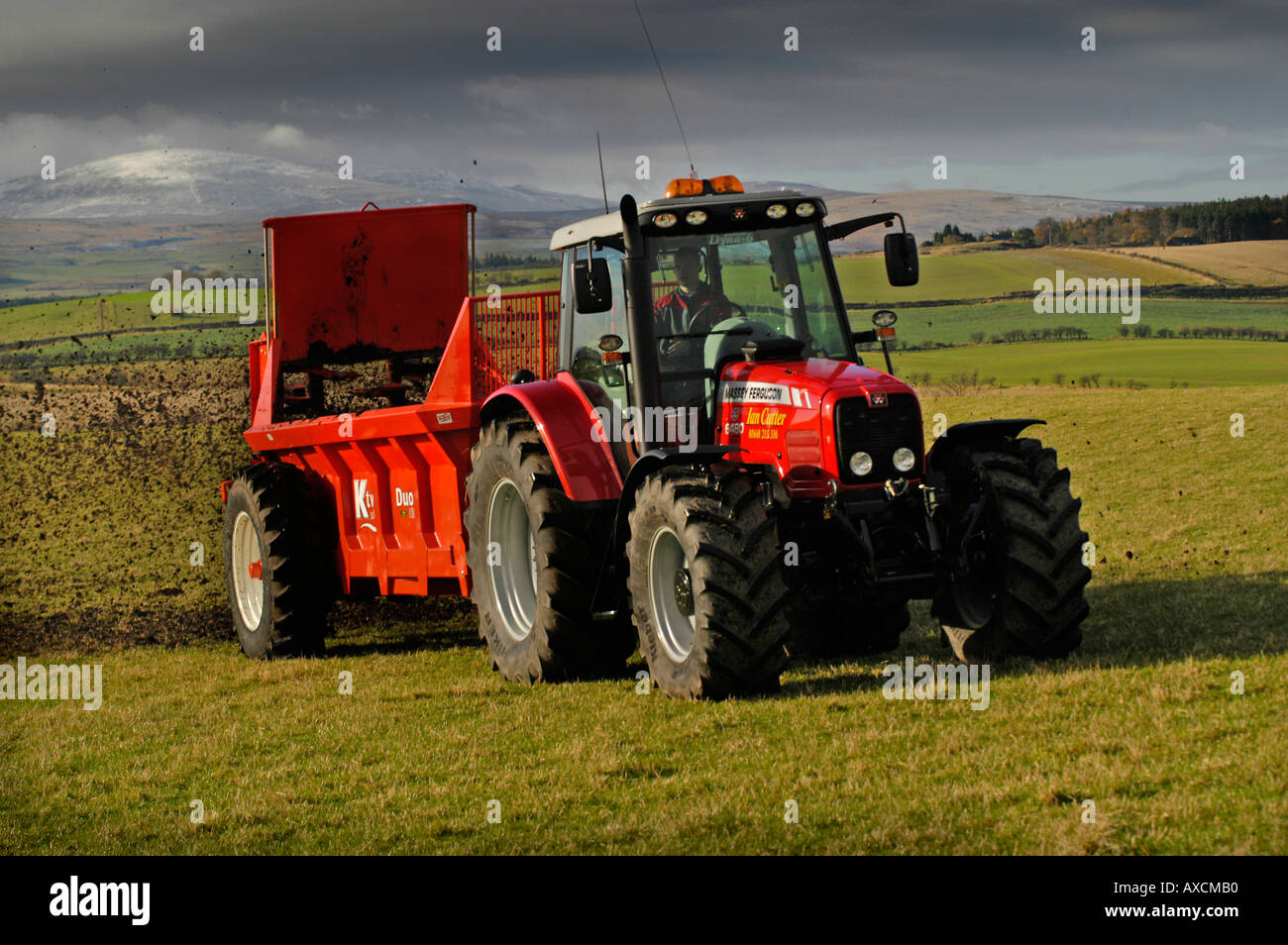 Eine Massey Fergusson 6480 Dyana 6 auf Arbeit Muck Ausbringung Chillingham Scheunen in der Nähe von Wooler Northumberland Stockfoto