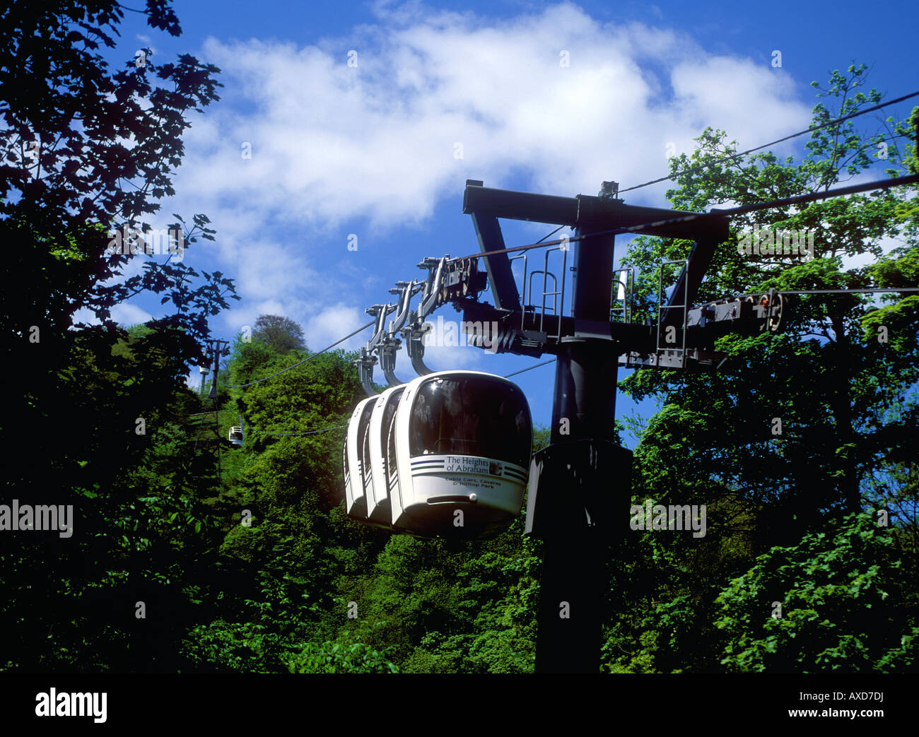Matlock Bath Seilbahn über die Schlucht zu den Höhen von Abraham Stockfoto
