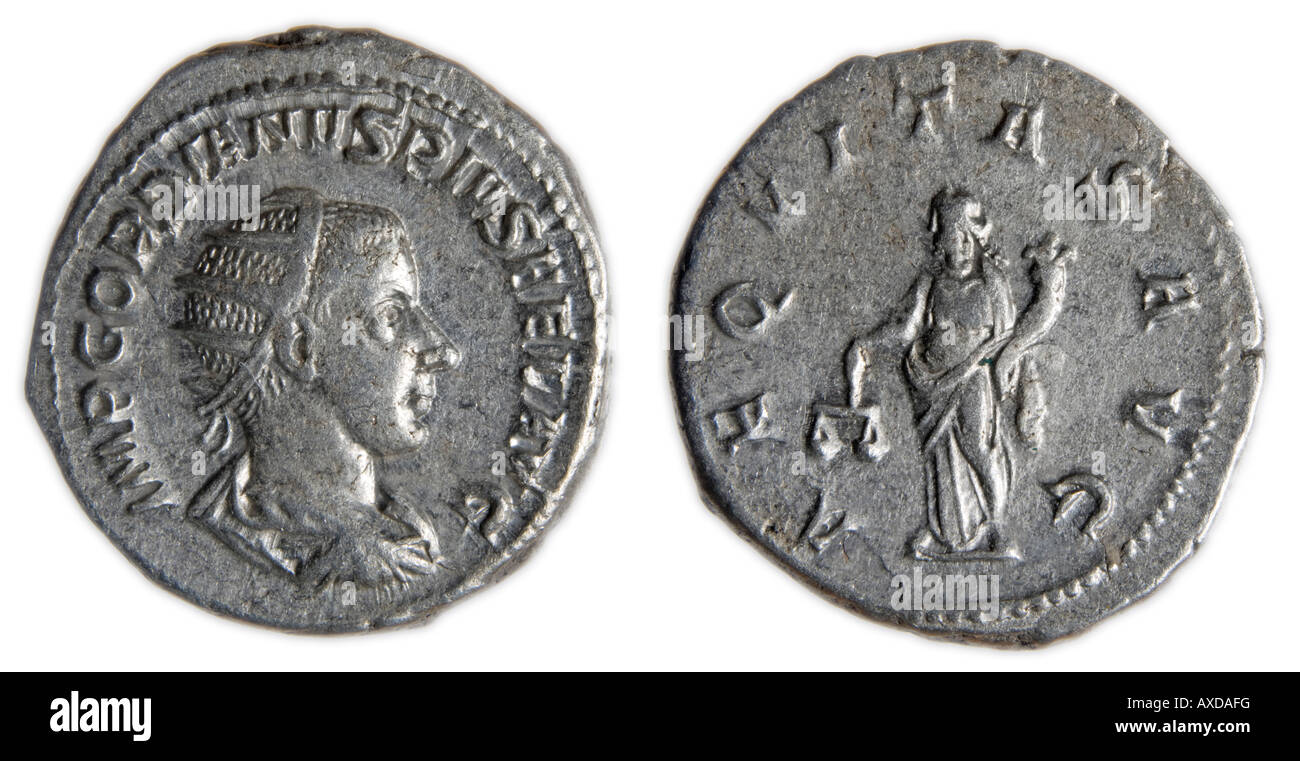 Römische Silbermünze. Antonianus von Gordian III - Rückseite: Aequitas hält Waage und Füllhorn Stockfoto