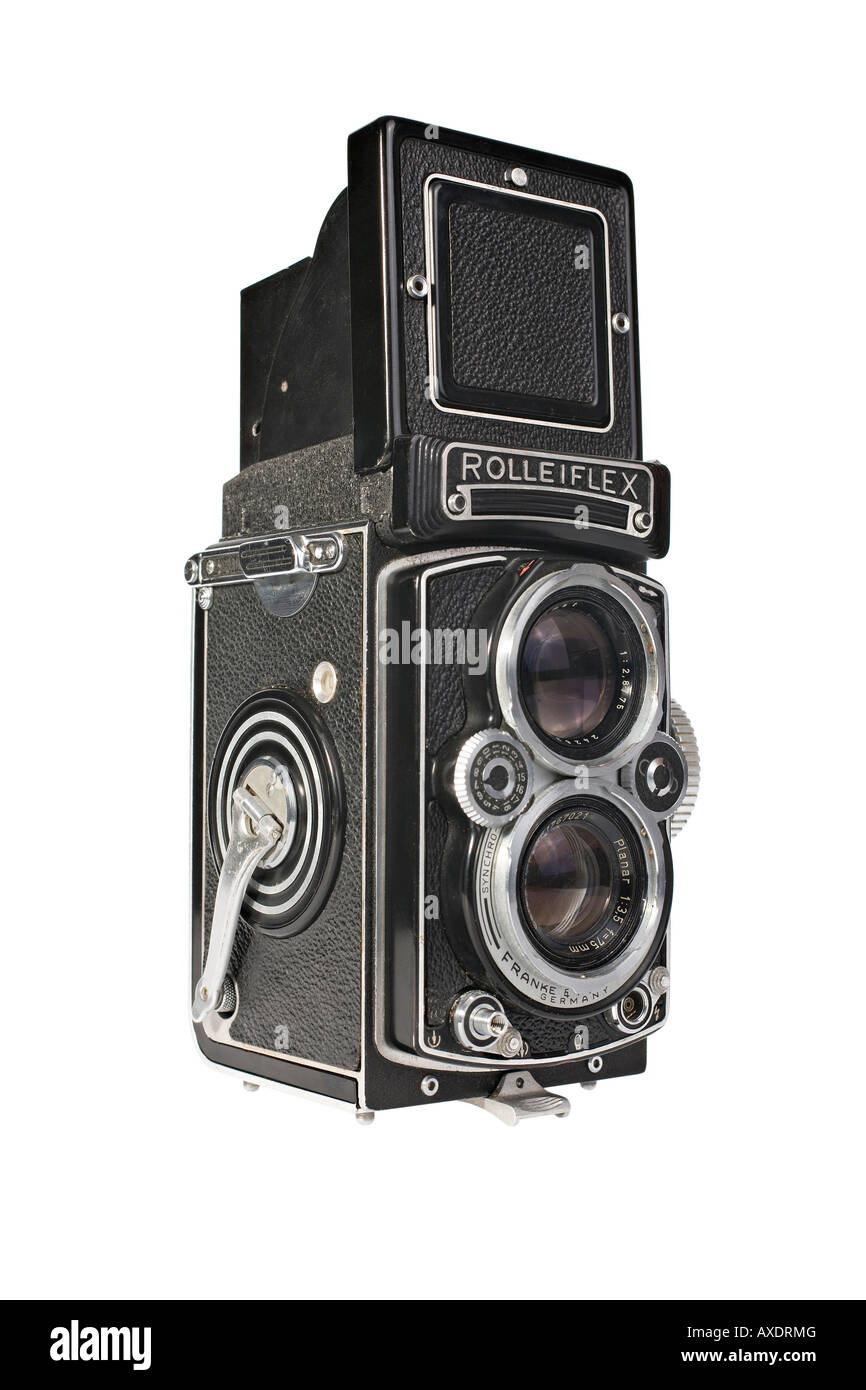 Eine Rolleiflex 3.5E Planar TLR Kamera mit Anzeige Haube geöffnet, dies ist ein Arbeitstier-Kamera kein Sammler-Exemplar Stockfoto