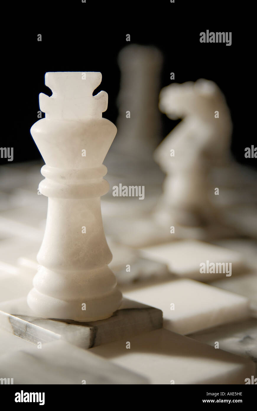 Schach, ein weißer König steht auf einem Schachbrett, Symbol für Strategie, Taktik Stockfoto