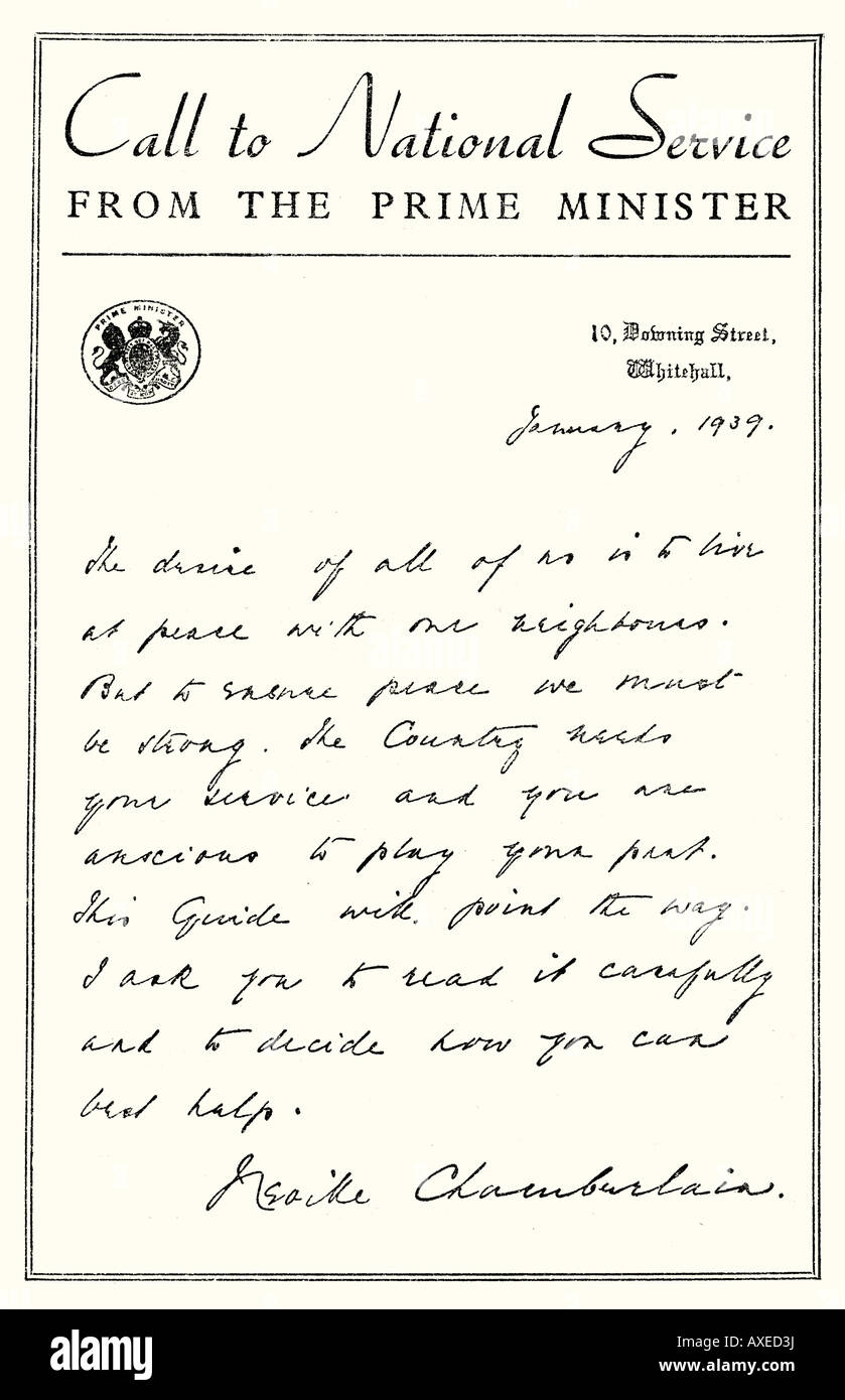 Rufen Sie zum Wehrdienst von Premierminister Neville Chamberlain Januar 1939 für redaktionelle Nutzung nur redaktionelle Nutzung nur Stockfoto