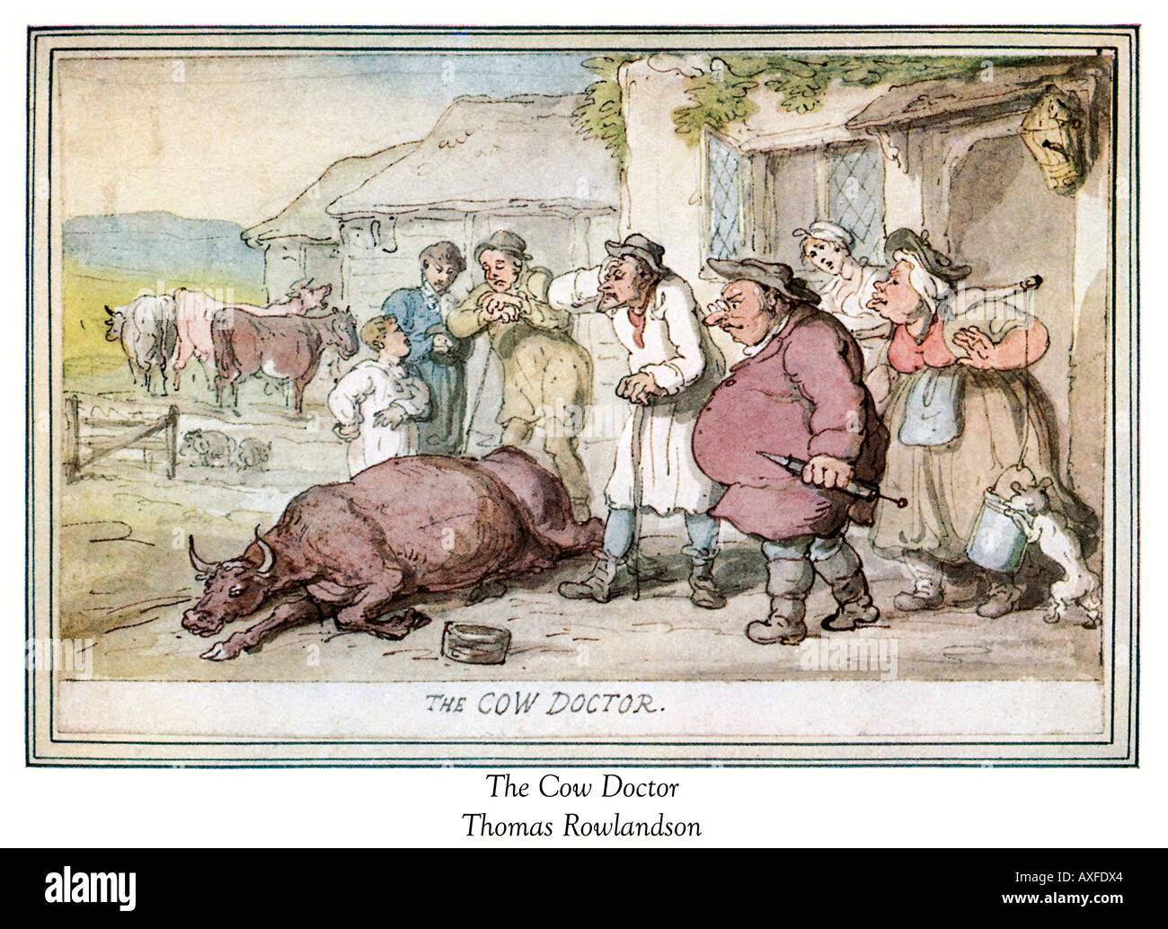 Thomas Rowlandson der Kuh Arzt georgischen Cartoon des lokalen Tierarzt bei der Arbeit die betroffene Familie auf Stockfoto