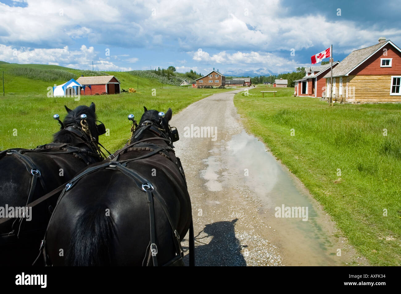 Eine Pferdekutsche nähert sich eine Stadt an der Bar U Ranch National Historic Site in Southern Alberta Kanada Stockfoto
