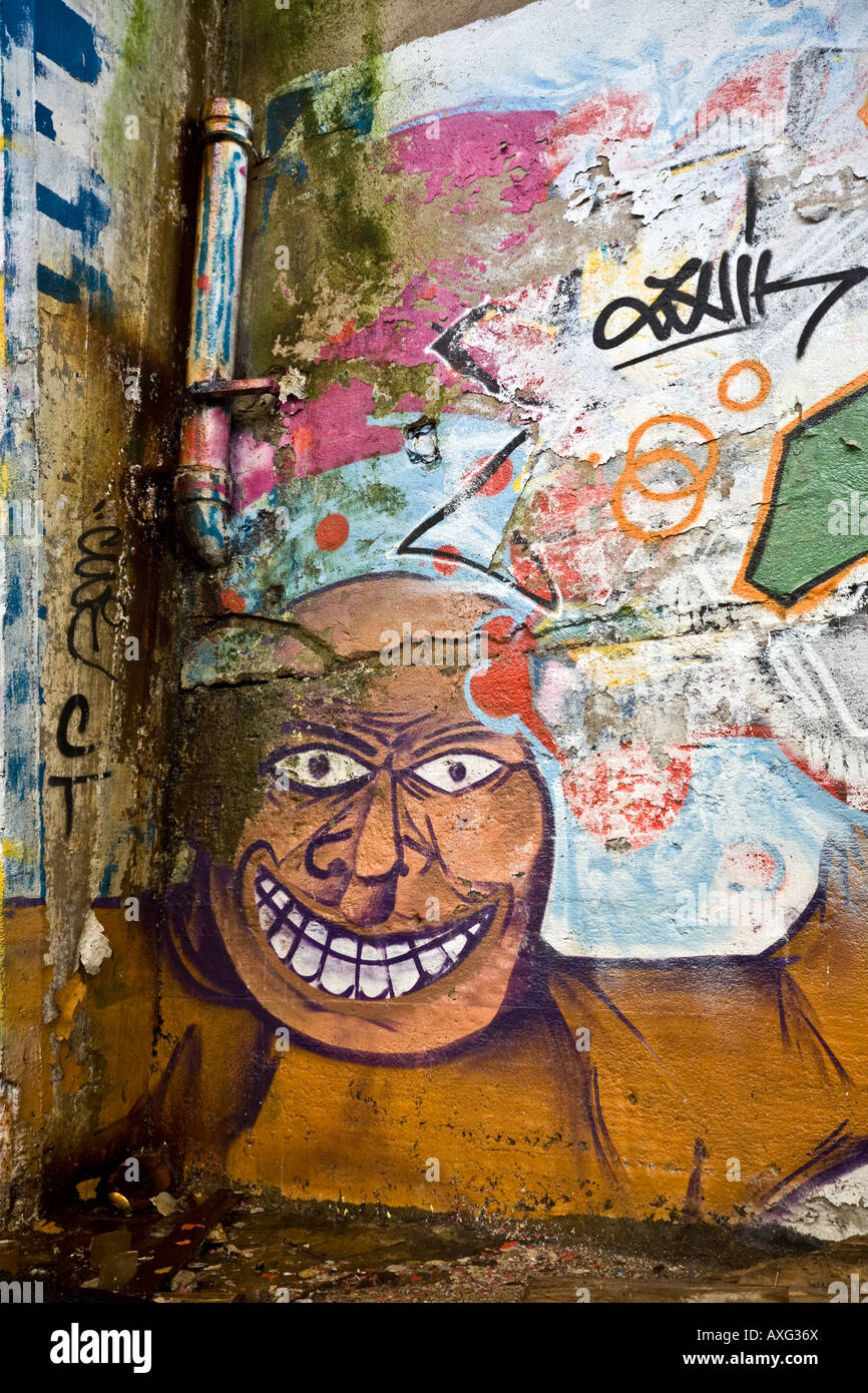 Graffiti in einer Brownfield-Website-Fabrik in Vichy (Frankreich). Graffiti Dans Une Usine Désaffectée de Vichy (Allier - Frankreich). Stockfoto