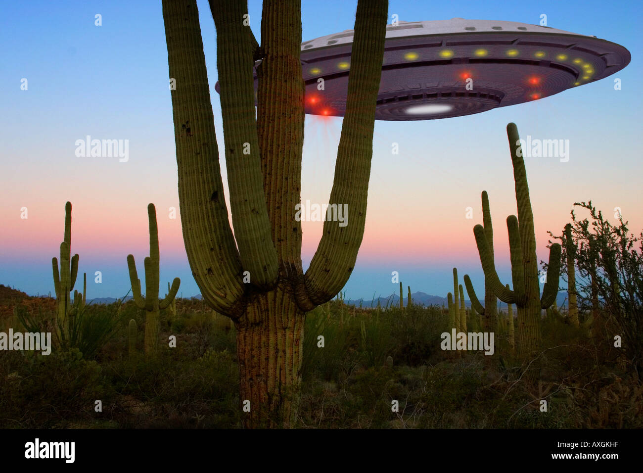 UFO-Sichtung in der Wüste. Stockfoto
