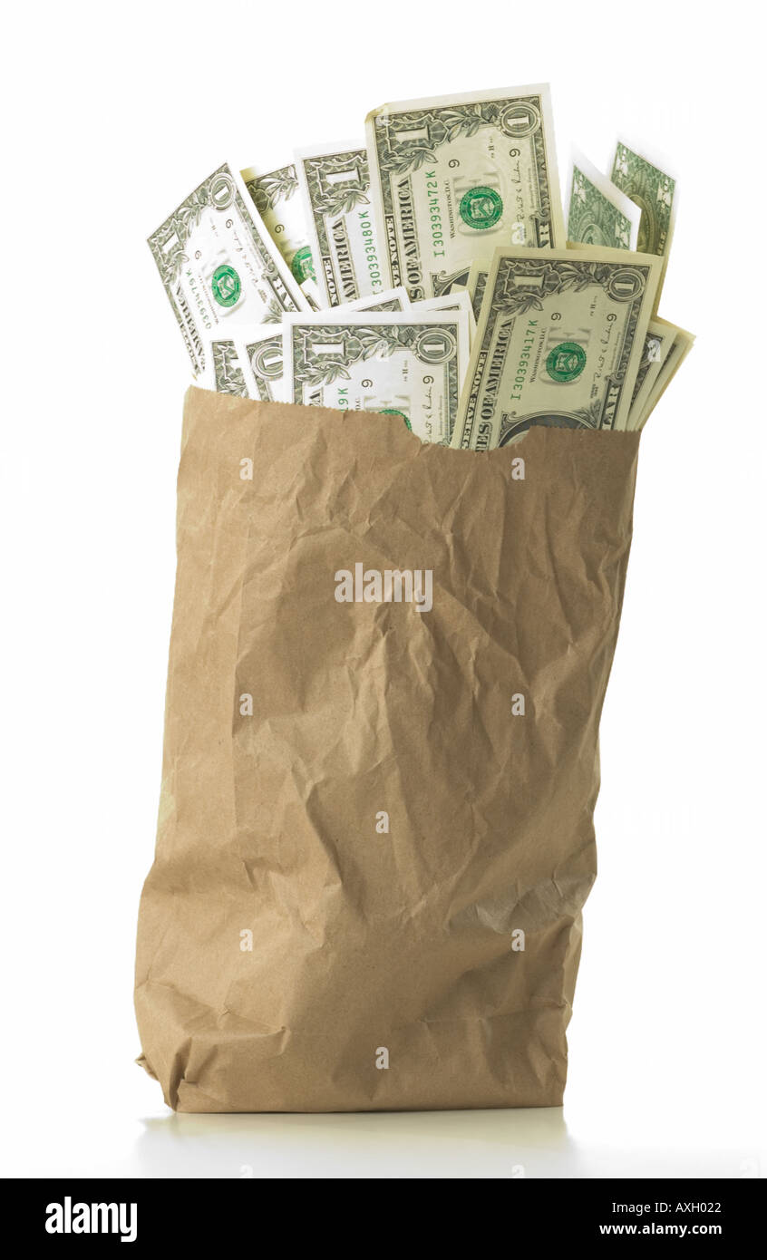 Tasche voller Dollarnoten USA Papiergeld Stockfoto