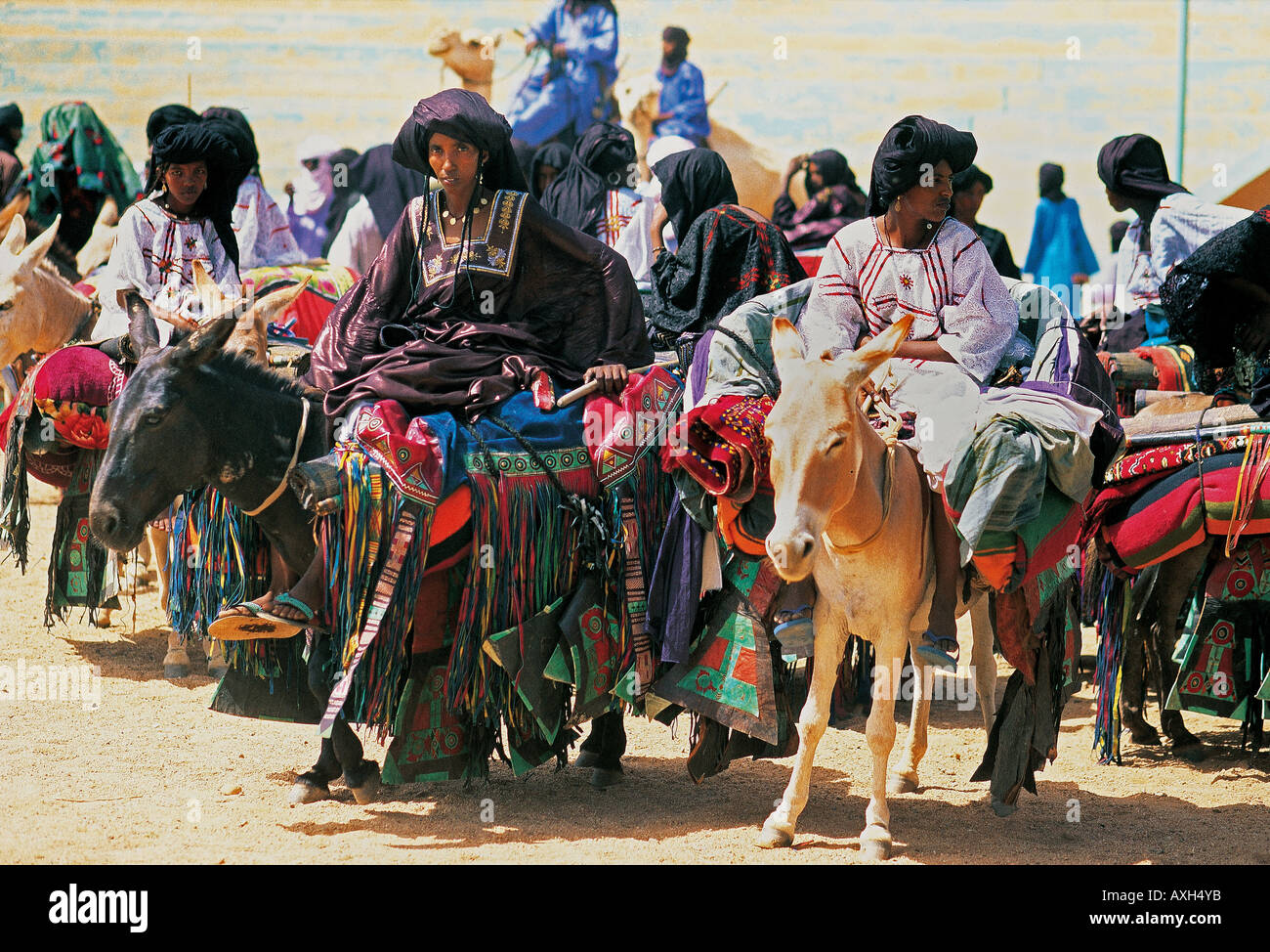 Tuareg Frauen kommen Tuareg politische Partei Rede auf Eseln, Agadez, Niger zu hören. Stockfoto