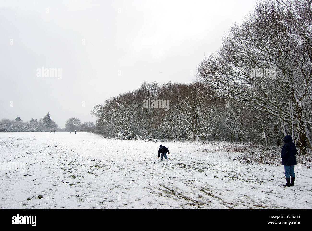 Menschen über gemeinsame Galleywood mit Schnee. Stockfoto