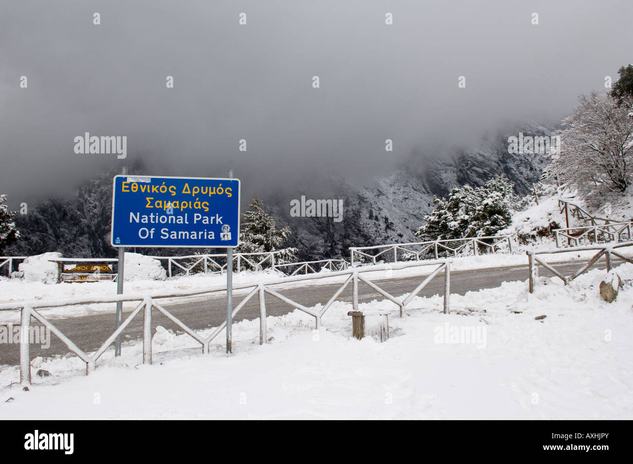 Zeichen für Samaria-Nationalpark im Winter. Stockfoto