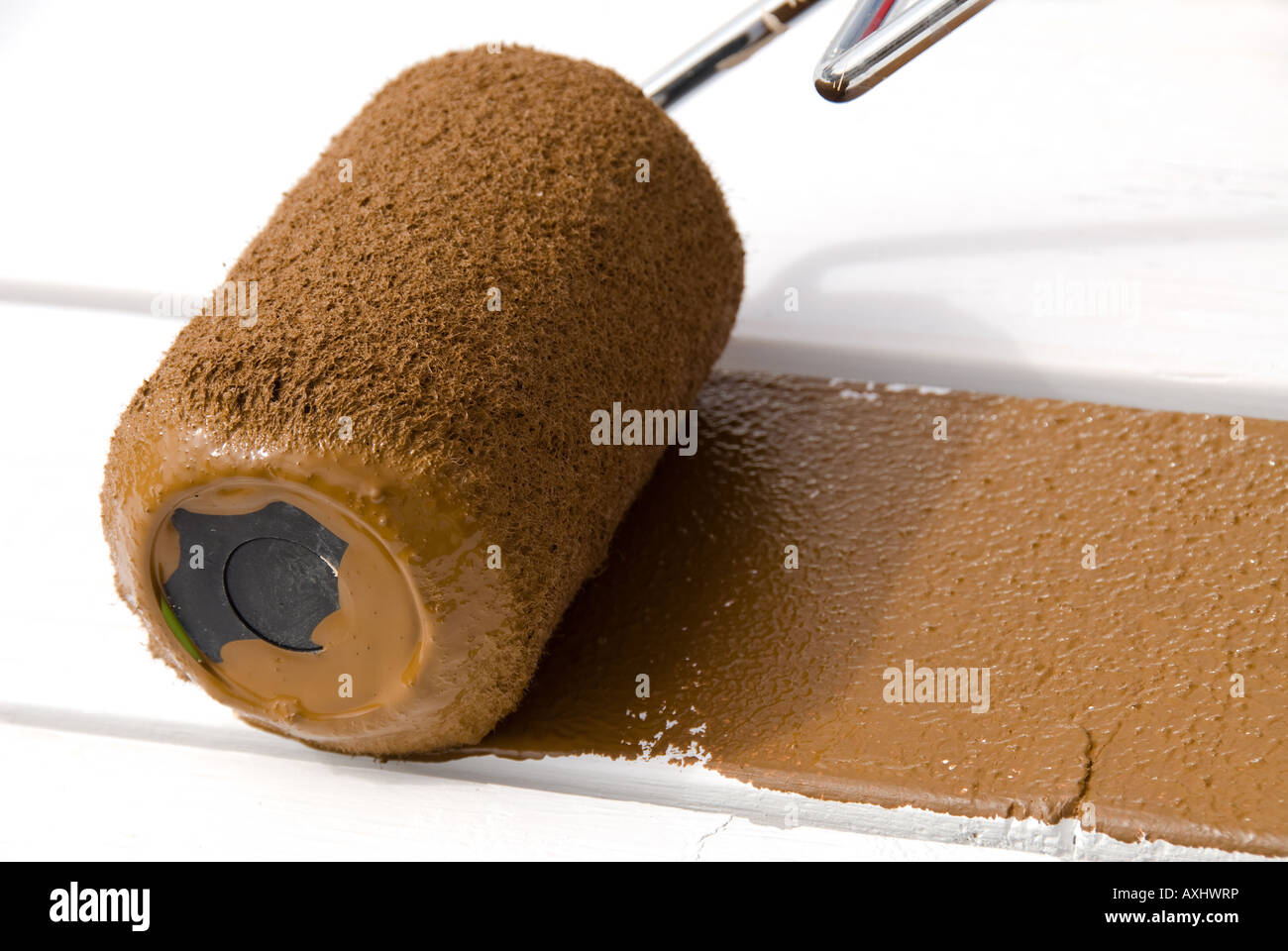 Ein Maler rollt braunen Farbe auf frisch präparierten Holz Stockfoto