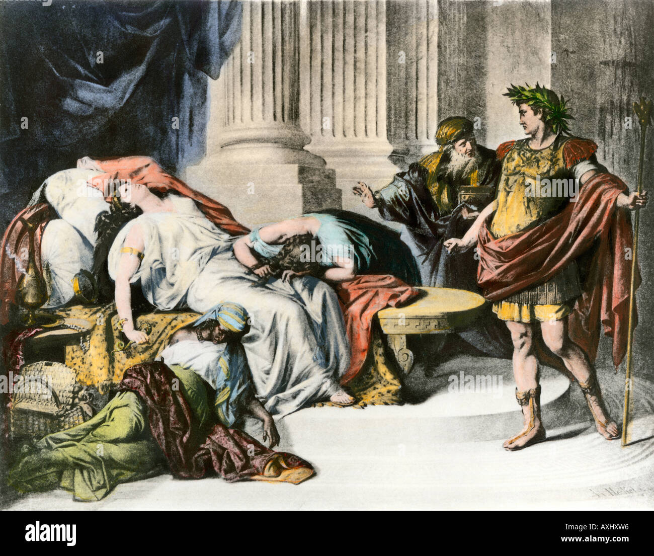 Caesar Augustus, Cleopatra, nachdem sie Selbstmord durch Schlangenbiss verpflichtet. Handcolorierte photogravure einer Abbildung Stockfoto