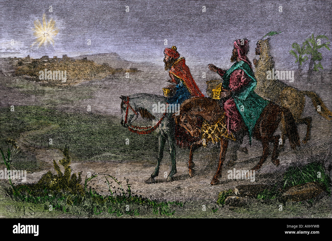 Drei Könige, die dem Stern nach Bethlehem, dem Geburtsort Jesu. Hand - farbige Holzschnitt Stockfoto