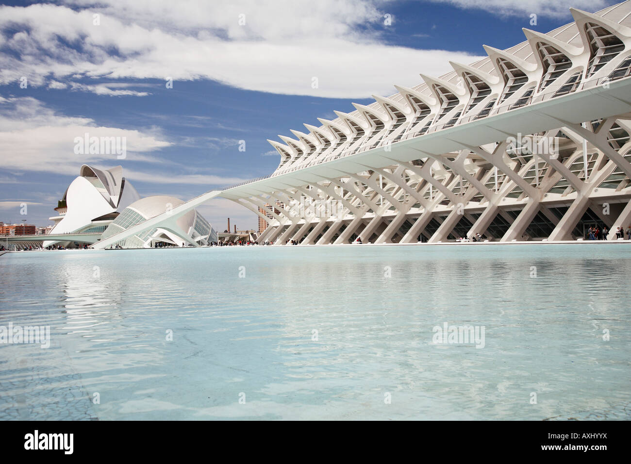 "Ciudad de Las Artes y Las Ciencias" oder "Stadt der Künste und Wissenschaften", entworfen von Santiago Calatrava in Valencia, Spanien. Stockfoto