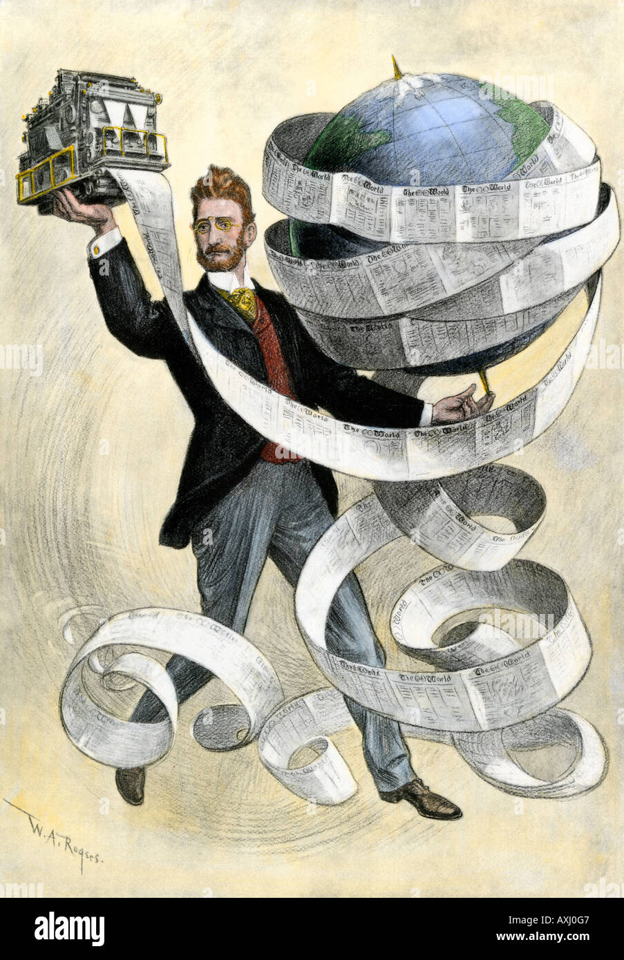 Joseph Pulitzer Holding ein drücken Sie die Taste Drucken der New York World Zeitung 1901. Hand - farbige Holzschnitt Stockfoto