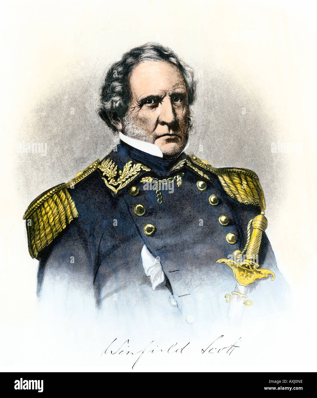 General Winfield Scott Porträt mit Unterschrift. Handcolorierte Stahlstich Stockfoto