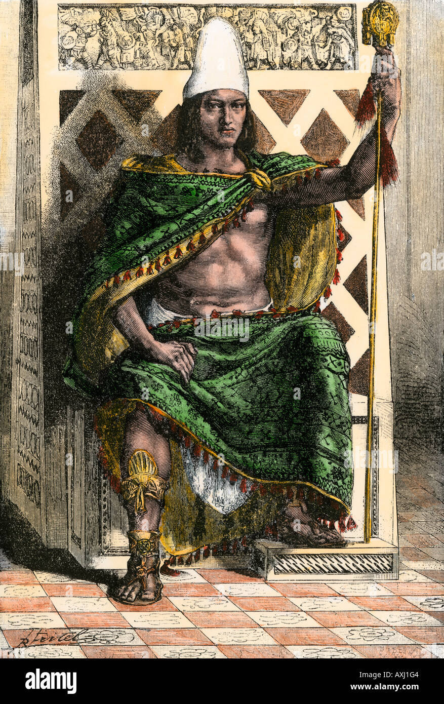 Aztekischen Herrscher Montezuma II. auf seinem Thron Portrait von Geschrieben von Ramirez. Hand - farbige Holzschnitt Stockfoto
